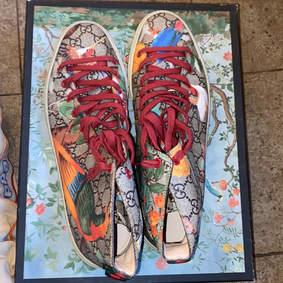 High top Gucci Shoes with Colorful Birds Printed and a metal tiger on the tongue - Picture 5 of 13